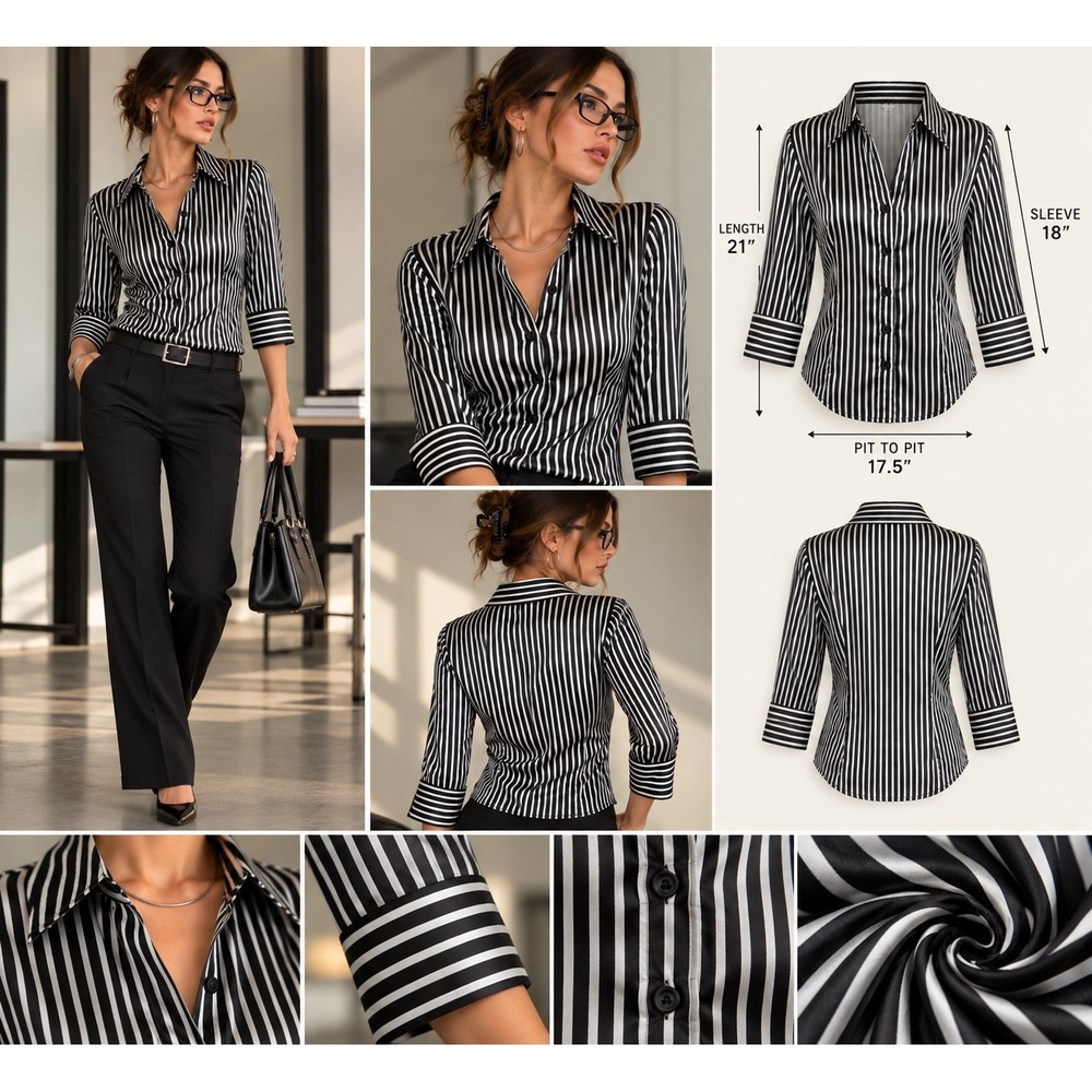 Y2K Office Siren Black White Pinstripe Satin Blouse Button Down Shirt Small